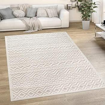 Alfombra Exterior Rectangular 120x160 cm, Crema, Diseño Escandinavo con Patrón de Rombos y Efecto Alto-Bajo, Ideal para Salón y Jardín