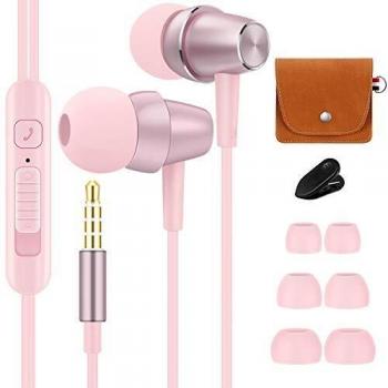 Bulees Auriculares para Niños Niñas, Auriculares internos Suaves con Mic y Control de Volumen, Auriculares Pequeños Bonitos para iPhone 6/6s, teléfonos Android, MP3/4-Rosa