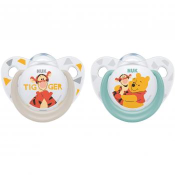 Chupete de silicona de la marca Nuk, con decoración de Winnie Pooh. Forma adecuada para lactantes, respetuosa con los dientes. 2 unidades blanco Weiß Talla:1
