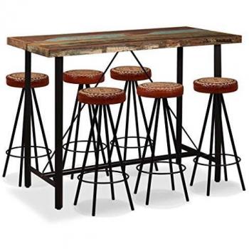 vidaXL Set Mesa Taburetes Bar 7 Pzs Madera Reciclada Cuero Lona Mesilla Mueble