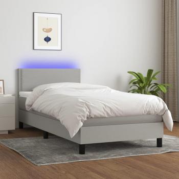 Cama box spring con colchón y luces LED, tela gris claro, 100x200 cm