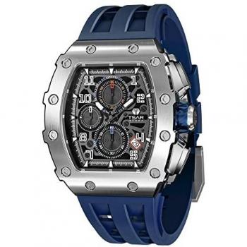 TSAR BOMBA Men's Watch Tonneau Design 50M Waterproof Chronograph Luxury Watches for Men with 316 Stainless Steel Case Square Sport Military Work Wristwatch with 22mm Watch Strap Stylish Men's Gift