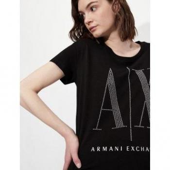 Armani Exchange Women's Black Logo T-Shirt with Studs, Size M