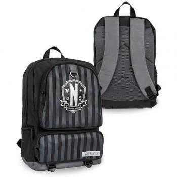 Mochila Nevermore de Miércoles Rayada Gris y Negro - Gran Capacidad, Correas Ajustables, Licencia Oficial