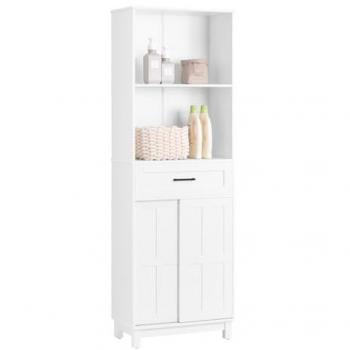 Armario Alto de Baño Mueble Baño Auxiliar Columna de Baño con 2 Puertas, 2 Estantes Abiertos y 1 Cajón Blanco, dimensiones: 56 x 30 x 165 cm, modelo B