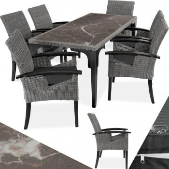 Mesa de ratán Foggia con 6 sillas Rosarno - Conjunto elegante de muebles de ratán sintético, incluye mesa y seis sillas, dos tableros extraíbles de porcelanato gres, fino trenzado de