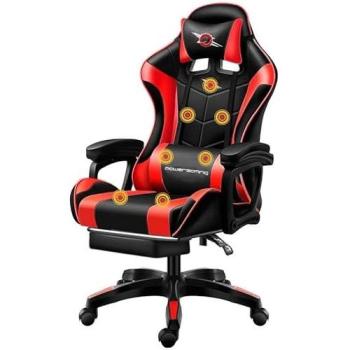 Silla Gaming PowerGaming con Masaje de 7 Puntos, Color Rojo/Negro y Reposapiés