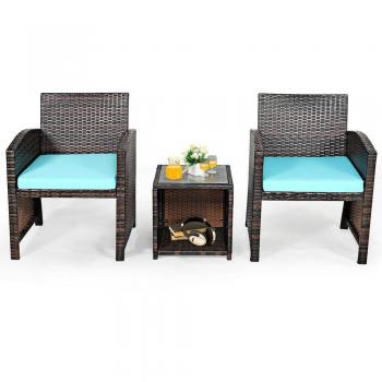Turquoise Rattan 3-Piece Outdoor Chairs and Table Set