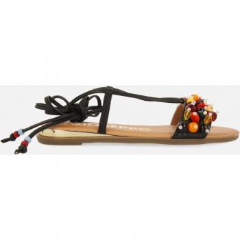 SANDALIAS NEGRAS DE PIEL CON ADORNOS MULTICOLOR Y TIRAS PARA MUJER KLOS