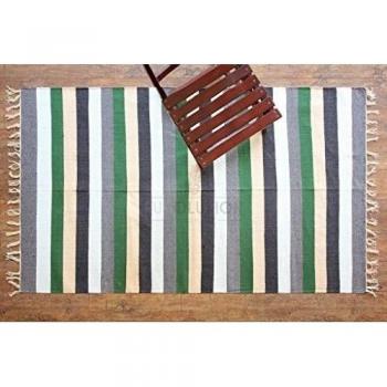 Alfombra de tejido reversible tejido 100% algodón orgánico con tintes vegetales. Estampado a rayas multicolor. Tapete. Medidas: 90x150 , Código: 00004