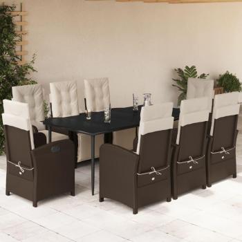 9-Piece Brown Poly Rattan Garden Dining Set with Cushions