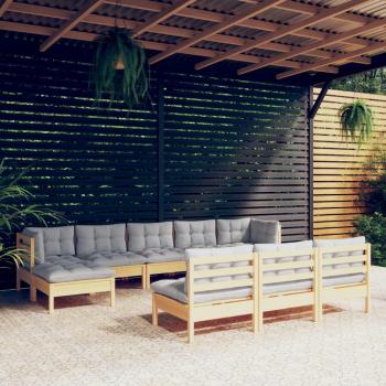 10-Piece Pinewood Garden Lounge Set with Gray Cushions