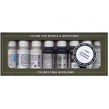 VALLEJO SET 8 AUXILIARY PRODUCTS: 3 WASHES, 2 DECAL ACCESSORIES, 3 VARNISHES: GLOSS MATT SATIN