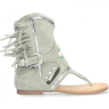 PuntoSalao Sandalias planas tipo esclava con flecos para mujer verde JH-168