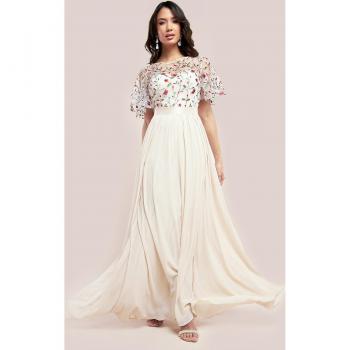 Goddiva Embroidered Top Flutter Sleeve Maxi - Ivory