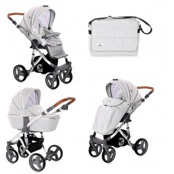Lorelli - Carrito de bebe 2 en 1 RIMINI Gris claro con chasis cromado. Capazo y silla ajustable, capota ajustable, saco de invierno, protector de lluvia, bolso de pañales y mosquitera.