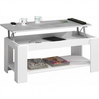 Mesa Centro con revistero, Mesa elevable, mesita Mueble Salon Comedor, Acabado en Blanco Artik y Gris Cemento, Medidas: 102 cm