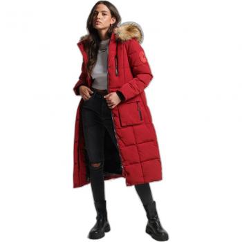 Superdry Women's Long Puffer Jacket with Faux Fur Trim Everest Red