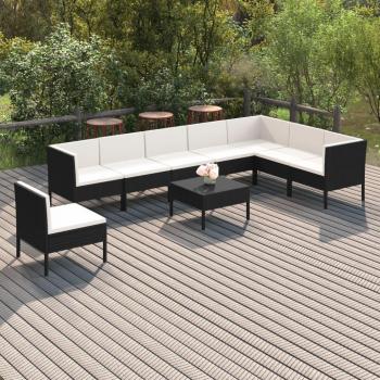9-Piece Black Poly Rattan Garden Lounge Set with Cushions