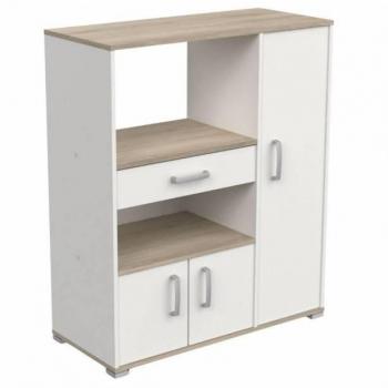Mueble Auxiliar Cocina Microondas Armario Thyme 3 Puertas Blanco Mate y Roble Kronberg 90x107 cm