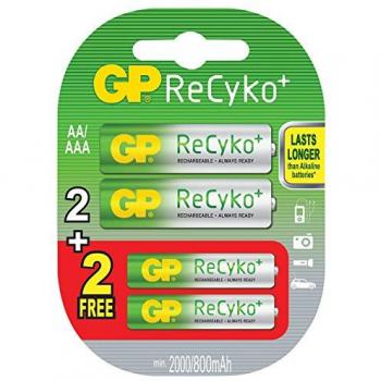 Pack de 4 Pilas Recargables GP ReCyko+ AA 2000 mAh y AAA 800 mAh