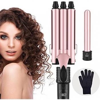 Rizador Pelo Ondas 3 Tubos Plancha Rizadora de Pelo Largo Profesional de 3 Barras con Revestimiento de Cerámica, Calentamiento Rápido y Temperatura Ajustable 80-230℃