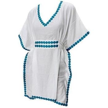 La Leela rayón viscosa nadar playa de encubrir con cuello en V bordado mujeres túnica top kaftan blusa azul