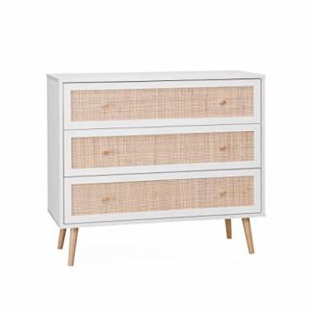 Cómoda de madera y caña con 3 cajones, blanca, Bohemia, dimensiones 90x39x79 cm