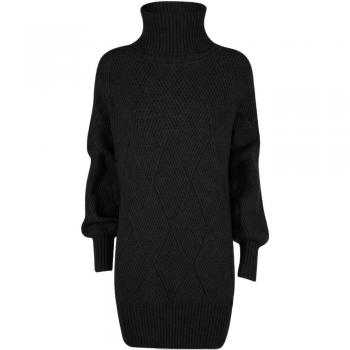 Knitted Checkered Ribbed Turtleneck Acrylic Dress - Black, Size M