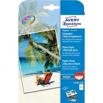 Avery España C2495-45R - Pack de 45 folios de papel fotográfico brillante para impresoras de inyección de tinta, 130 x 180 mm, color blanco