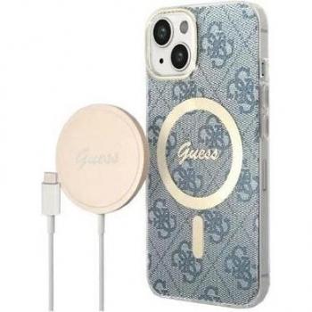 Funda Dura Guess 4G Print con Cargador MagSafe Azul/Dorado para iPhone 14 Plus