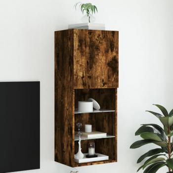 Mueble TV con luces LED en roble ahumado, dimensiones 40,5x30x102 cm