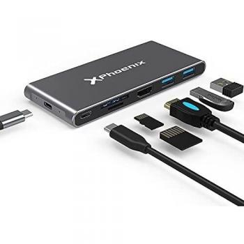 Phoenix Hubs Tipo C Aluminio, USB 3.0, Lector Tarjetas, PD, Compatible con MacBook Air, Pro, iPad, Tablets y Ordenador Portátil Tipo C