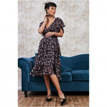 Goddiva Floral Layered Midi Dress with Flutter Sleeves - Navy