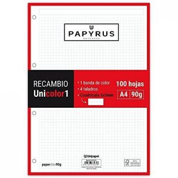 UNIPAPEL 53392251. Recambios 100 Hojas A4, Cuadrículadas 5x5, Banda Color Rojo, PaperClas90g, Papyrus - Unicolor 1