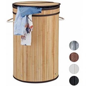 Cesto de Ropa Sucia Plegable con Tapa de Bambú, Redondo, 65 Litros, Ø 40 cm, Natural