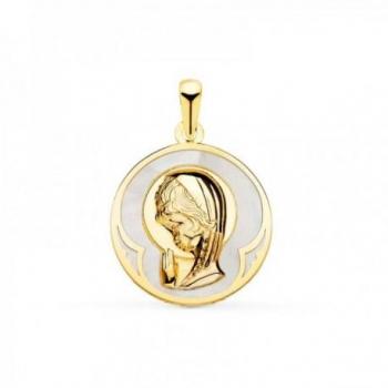 Virgen Niña Medalla Oro 18k Primera Comunión 15 mm con centro de nácar blanco