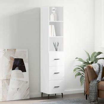 Aparador alto de madera contrachapada blanco brillo 34,5x34x180 cm con 3 cajones, mueble de almacenaje para salón, buffet y armario auxiliar