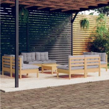 9-Piece Pinewood Garden Lounge Set with Grey Cushions