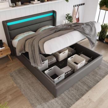 Cama Contenedor Hidráulica 160x200 cm con Tira LED y Mando a Distancia Tapizada Gris