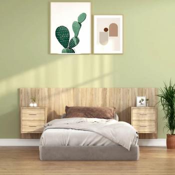 Cabecero de cama con mesitas de noche en madera contrachapada de roble Sonoma