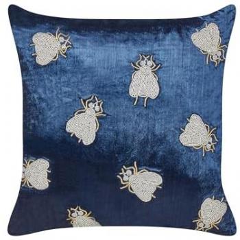 Cojín Decorativo de Terciopelo Azul Marino y Plateado 45 x 45 cm con Bordado de Moscas, Funda Desmontable y Hecho a Mano
