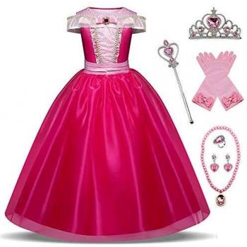 New front Disfraz Niña Princesa Aurora Vestido La Bella Durmiente Navidad Cumpleaños Largo Costume Diadema Varita Mágica Guantes Collar Traje Regalo Halloween Carnaval 3-8 Años
