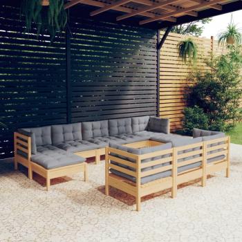 10-Piece Solid Pinewood Garden Lounge Set with Gray Cushions