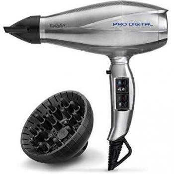 BaByliss Pro Digital 6000E - Secador de pelo profesional, motor digital, 2300 W, iónico, secado ultra rápido 208 km/h, temperatura constante 70º, incluye difusor y dos concentradores, Gris/Plata