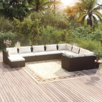 vidaXL 10-Piece Black Poly Rattan Garden Lounge Set with Cushions