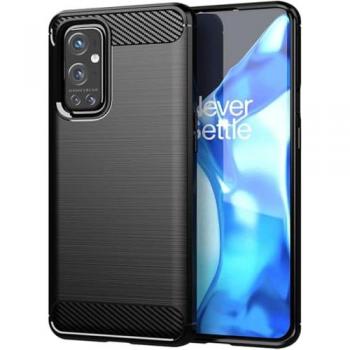 Funda Protectora Antigolpes de Silicona Negra con Diseño de Fibra de Carbono para OnePlus 9 Pro - Resistente a Choques y Compatible con Carga Inalámbrica