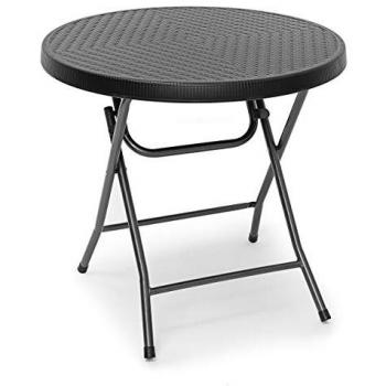 Mesa de Jardín Plegable Bastian, Redonda, 74 x 80 x 80 cm, Efecto Ratán, para Exterior, Color Negro