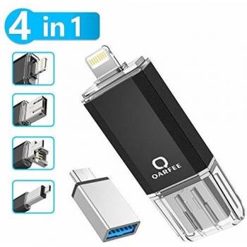 Memoria Flash 4 en 1 64 GB Compatible con iPhone y Dispositivos Android Memory Stick Expansión para iPhone Android teléfono Tablet PC y Dispositivos con USB/Micro USB/Type C/iOS L-Port-Negro