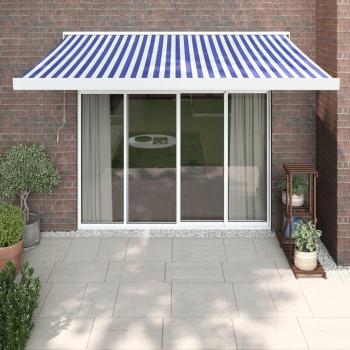 Toldo retráctil de aluminio y tela azul y blanco 3x2,5 m